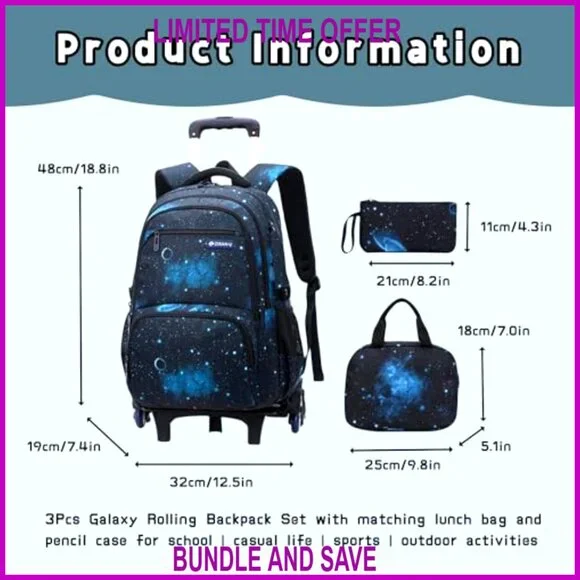 Nylon Rolling Backpack Set with Insulated Lunch Bag for Boys School